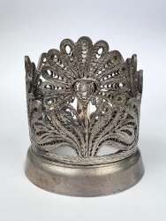 Vintage Soviet USSR Glass Cup Holder Filigree Silver Plated Peacock Tail Signed