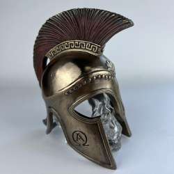 Spartan Helmet on Glass Skull Statue Figure Polystone Bronze Home Decor Italy