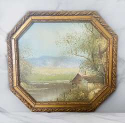 Original Oil Painting Signed Antique Nature Forest Trees Lake  for a wall