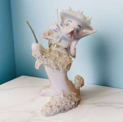 Vintage light Blue Ceramic Poodle Spaghetti Pink Hat Snooty Very Pretty Decor