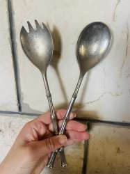 1 Vintage Serving Spoon And Fork  EP Zinc Silver Plated  Made In Italy
