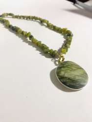 old necklace green Beaded  grey iridescent necklace with metallic clasp