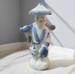 Vintage Porcelain Figure Statue  Chinese Man with Fish China 1950 Old collectib