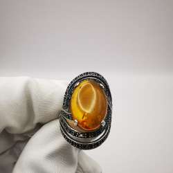 New Ring Silver 925, Zirconium,Natural Baltic Honey Amber Filigree Singed 6g