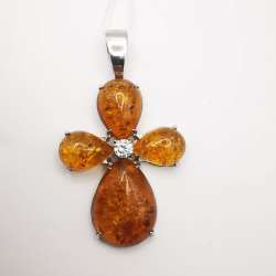 Beautiful New Pendant Cross Silver 925,Zirconium, Natural  Honey Amber 8,3g