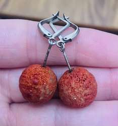 Old Antique 925 Silver Earrings, 100% Natural Spongy Coral, Height 3 cm