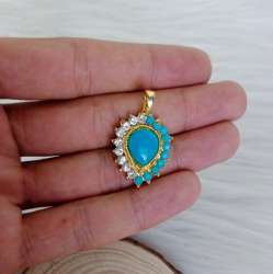 Vintage Gold Plated Chain Pendant Crowning Turquoise Stone Women's Jewelry #T6