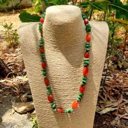 Natural Coral & Turquoise Stones Old Vintage With Brass Beads Clasp Necklace