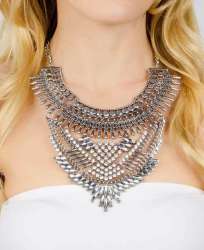 Bohemian Bib Multi Tiered Silver Chain & Rhinestone Necklace 16”
