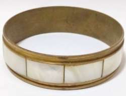 Vintage Brass Bracelet Inlaid Mother of Pearl Copper Beautiful Diameter 2.7