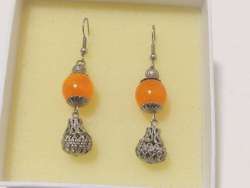 Silver Long Orange Earrings Plated Amber Bead Dangle Earrings Women Jewelry