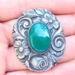 Green Onyx Gemstone Handmade 800 Silver Signed Vintage Pin Brooch