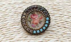 Antique Multicolor Quartz Stones and Brass Metal Made in Mongolia Pin Brooch