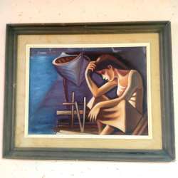 Art Drawing Oil Painting Canvas Stream Waiting Night Scene Vintage Framed Wood