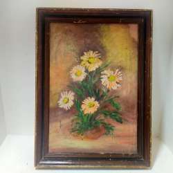Antique Oil Painting on Paper Primitive Flowers Scene with Frame Wood 57*42 cm