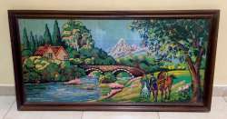 Large Vintage Fine Needlepoint Art French Bridge Landscape Wooden Framed 45*23