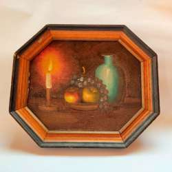 Judaica Vintage Signed Still Life Fruit grapes Candle Oil Painting On Wood Frame