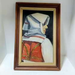 1978 Vintage Oil Painting Canvas Woman Wearing Folk Costume Frame Wood