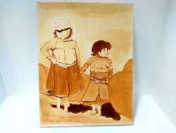 Vintage Hand Painting on Canvas Mother Holding Her Son's Hand size 17.7*13.7