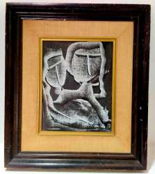 Old Vintage Print on Canvas Black White Mysterious Scene Signed with Wood Frame