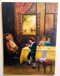 Vintage Rare Oil on canvas Painting Jewish Family Home ART 1983 Signed 80*60 CM