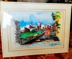 France Paris Hand-colored Print Pencil Vintage Signed Painting Framed 82*62cm