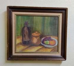 Original Vintage Oil On Canvas Panel Painting Fruit Bowl double Wood Frame Nice