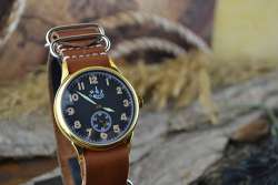 Buran Aviator Retro Black Dial Brown Leather Steel Vintage Soviet Men's Watch