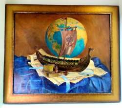 Oil Painting Handpainted on Canvas Moon Lens Pipe Ship with Frame Wood 60*70 cm