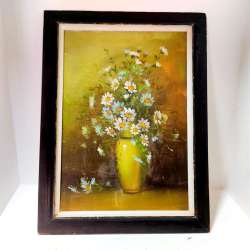 Oil Painting on Canvas Vintage Still Life Vase Flowers Antique Plate Wood Frame