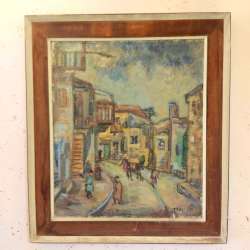 Rare Vintage Oil Painting Heavy Canvas Street in Jerusalem Frame Wood 81*71cm