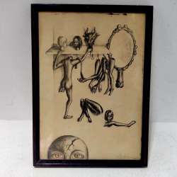 Hand Painting Pencil Vintage on Paper With Frame Wood Art Signed Size 36*26 cm