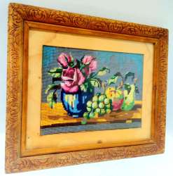 Elegant Frame Wood Needlepoint Vintage Artwork Floral & Still Life Old Handmade