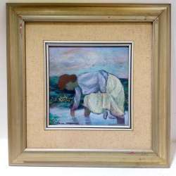 Antique Oil Painting Wood Abstract Working Woman Figure River Primitive Painted