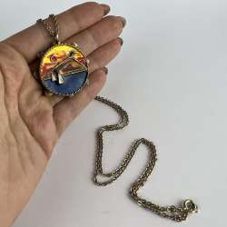Vintage Gilt Sterling Silver 925 Women's Jewelry Chain Necklace Enamel Pendant