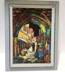 Vintage Hand-painted on Canvas Jerusalem 1963 the Market by Israeli Artists Cute