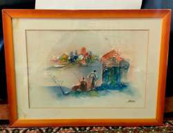 Antique Gypsum Hand Painting Vintage Fishing Signed Framed Wood Art Size 32*24