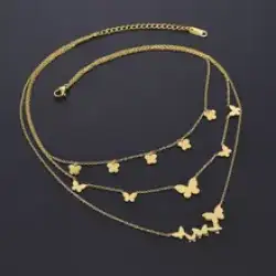 Golden Stainless Steel Three Layers Butterfly Pendant Necklace Jewelry Women's
