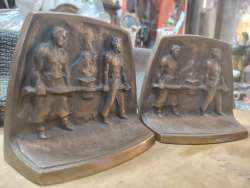 VERY RARE MALE NUDE STEEL WORKERS MACHINE AGE METAL CAST BOOKENDS 1930 ANTIQUE