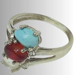 A 925 Silver Women Ring 3 Game Stones ( Turquoise Agate Pure Quartz) Size US 7