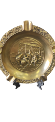 Antique Ashtray Artwork Great Old Brass Carved Drawing Decor