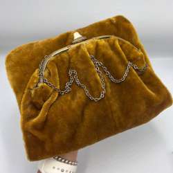 1950's Vintage Women's Evening Hand Bag Purce Teddy Velours Button Nacre Brass