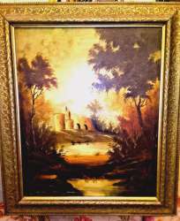 An old landscape painting of an old castle surrounded by trees, bathed in warm l