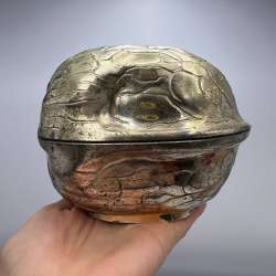 1970's Massive Vintage Casket Europe Trinket Box Figure Walnut Nut Silver Plated