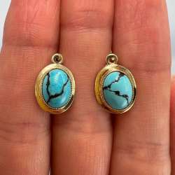 Vintage Women's Jewelry Stud Earrings Natural Blue Turquoise Rose Gold 585 14K