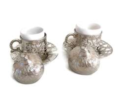 Turkish Coffee Set, Ottoman Tulip Stand Porcelain Glass Silver HANDMADE