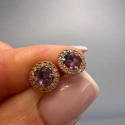Vintage Rose Gold 585 14K Womens Jewelry Stud Earrings Puset Amethyst Screw 1.8g