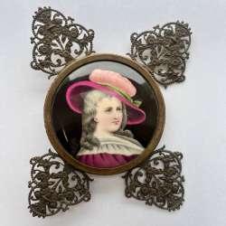 Antique Miniature Hand Painted Picture Overlay Porcelain Bronze France Lady