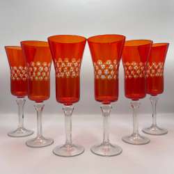 1980's Vintage Set 6 Champagne Goblets Glasses Red Crystal Glass Czechoslovakia