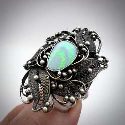 Massive Filigree Sterling Silver 925 Women's Jewelry Ring Natural Opal Stone S8